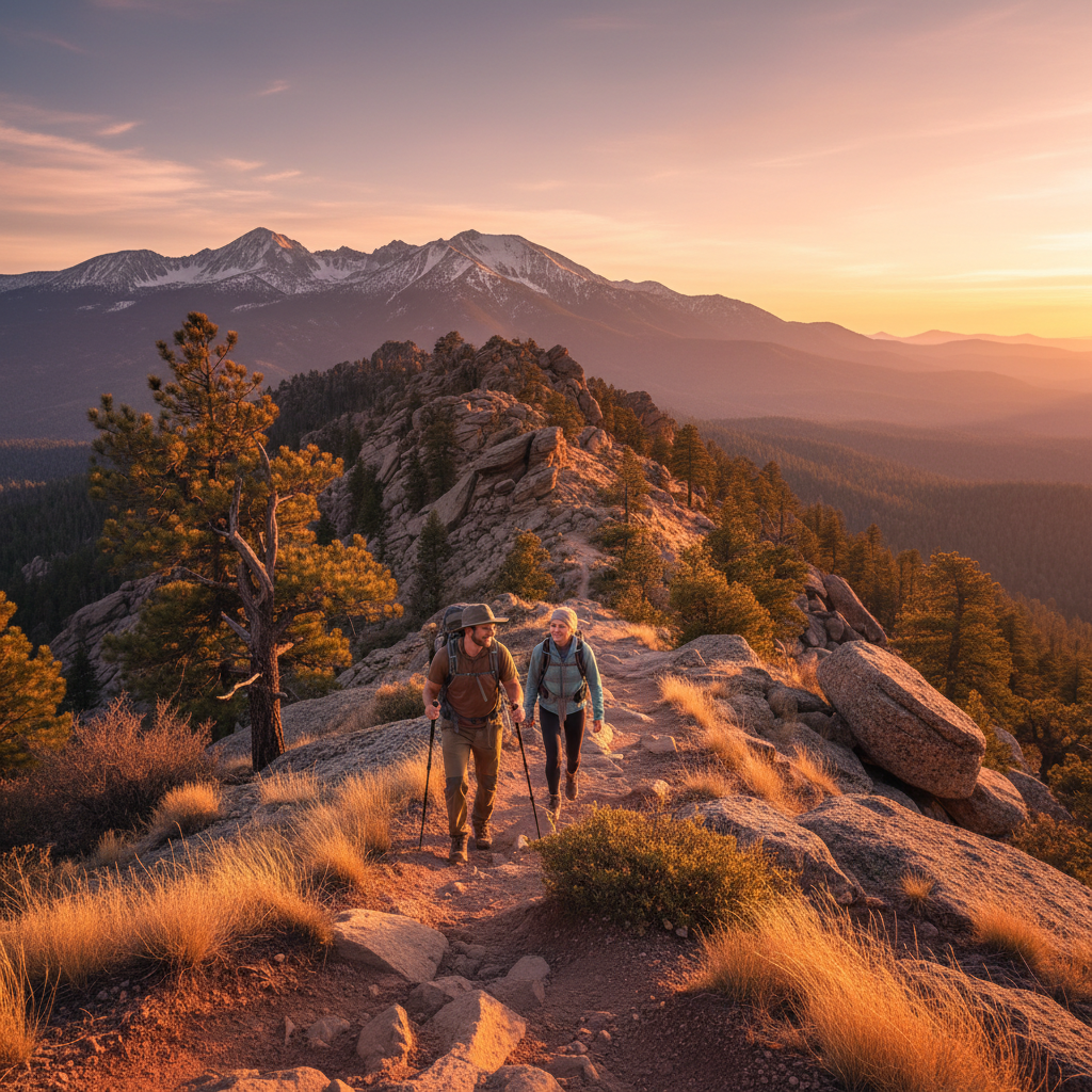 show a realistic image of a couple hiking up a mount in flagstaff style environment with a late in the day sun/lighting environment