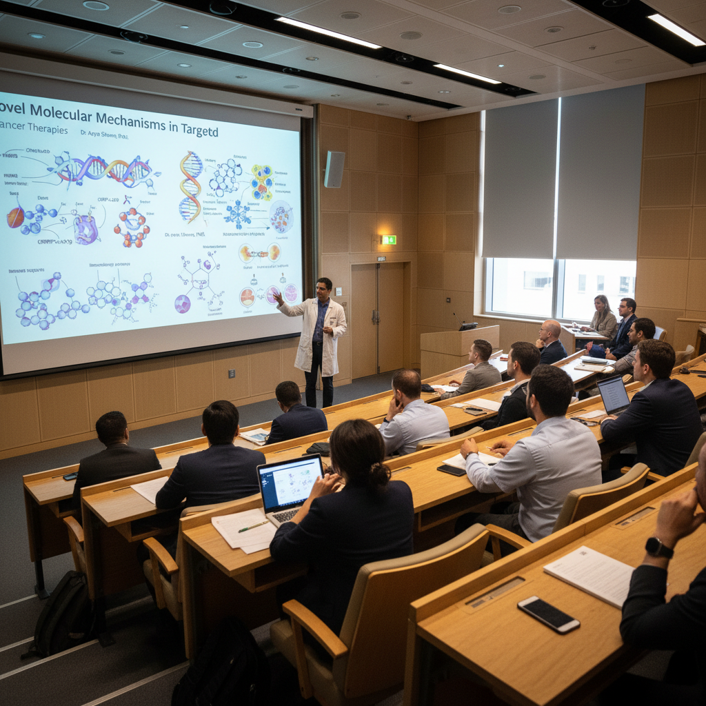 create a realist image of what appears to be a doctorate delivering a thesis in a lecture hall. where the room as 2/3 seated, and the lecture is medical and molecular in nature. as if a candid from a