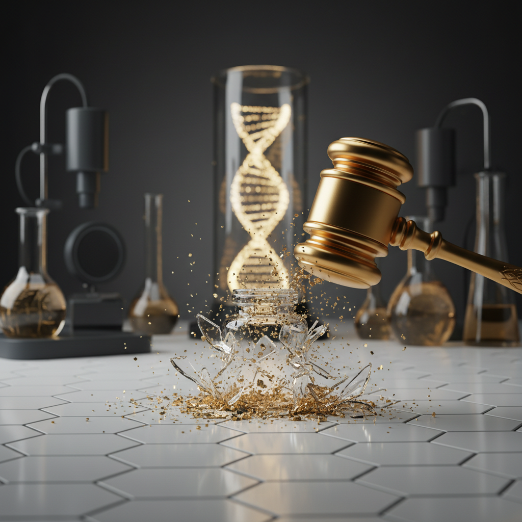 a gavel shattering a peptide bottle on a sterile white tile floor like a medical lab