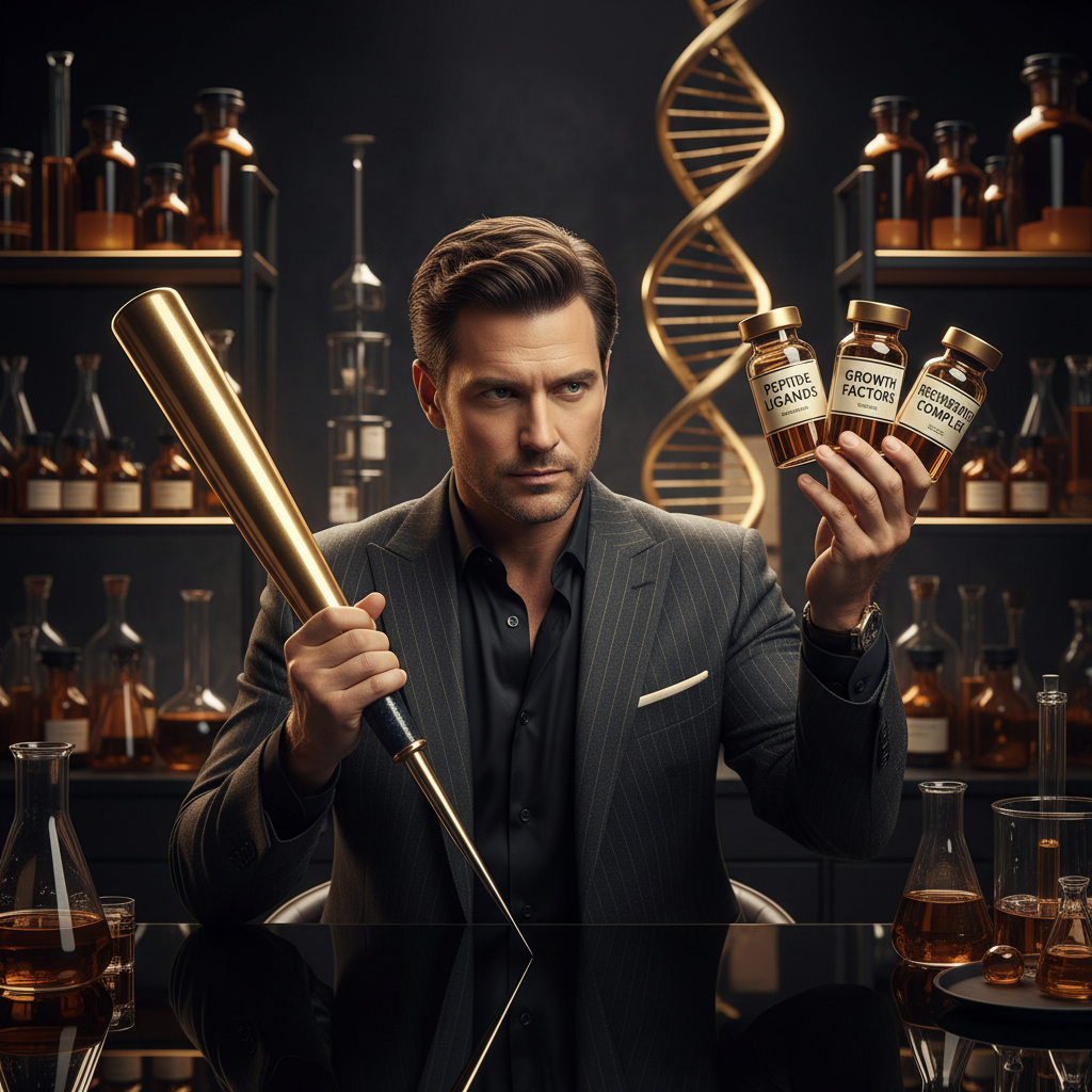 Peter Griffith reading peptide labels and holding an oversized needle (comically oversized)