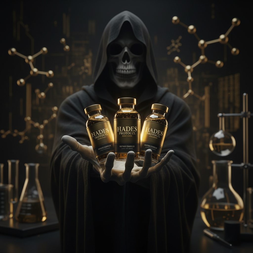 the grim reaper reaper reaching his hand out, palm up, fingers sprawled, towards the camera with our hades protocol peptide bottles in his hand.